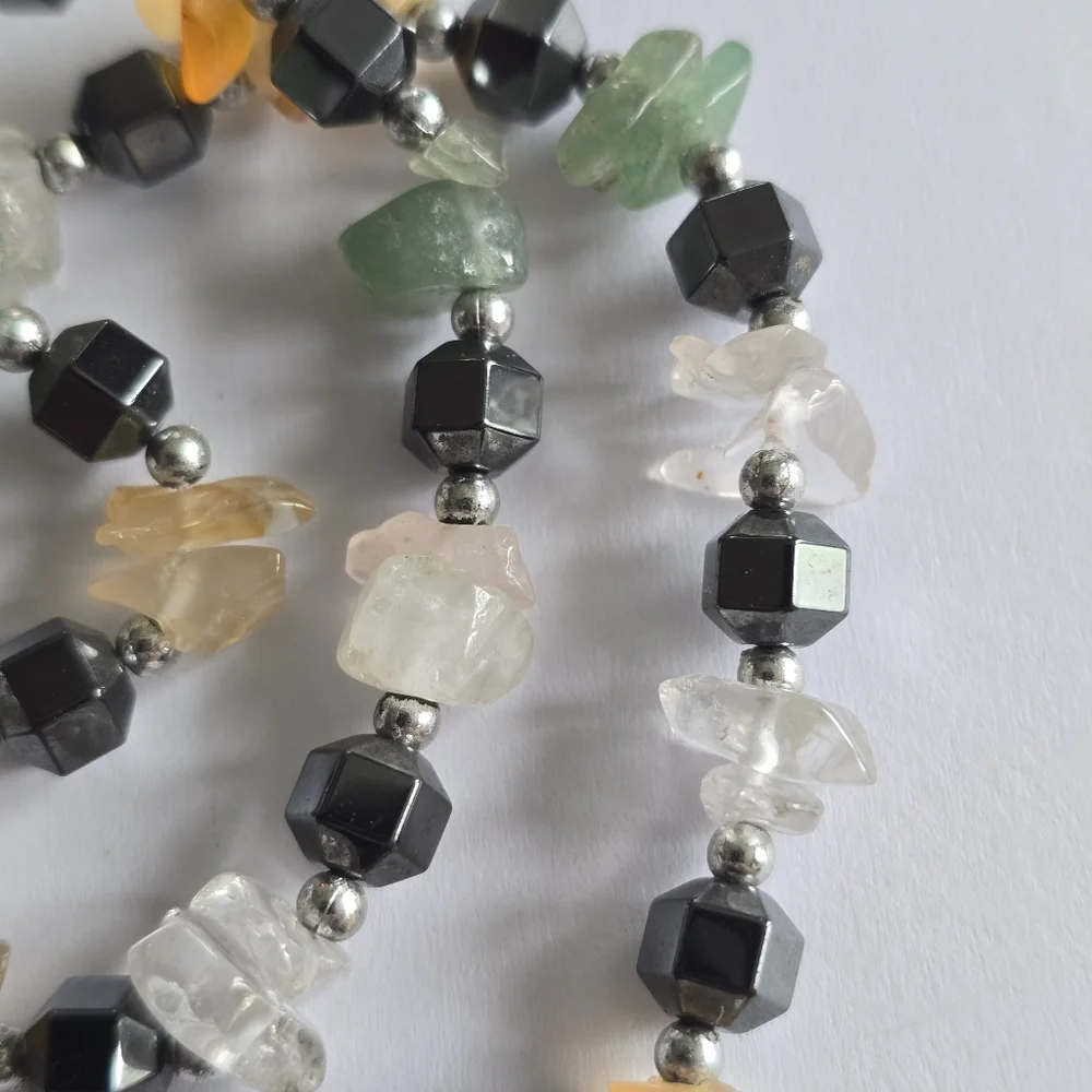 Handmade gemstone necklace beaded yellow green grey gray silver tone clear